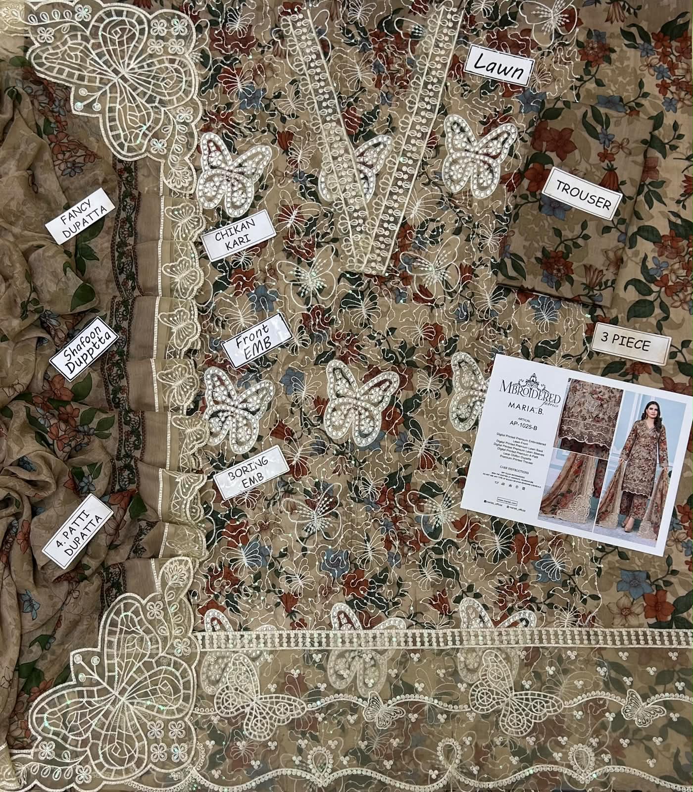 3 PIECE - EMBROIDERED LAWN SUIT BUTTERFLY ARTICLE Unstitched 03