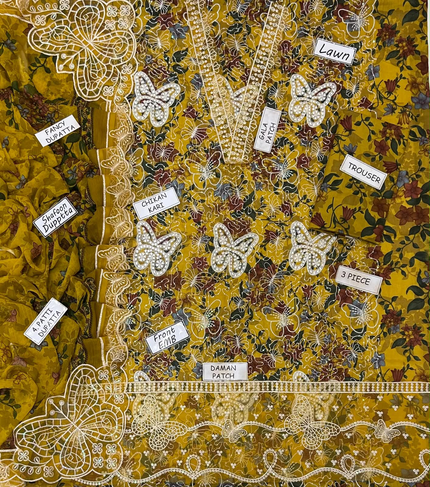3 PIECE - EMBROIDERED LAWN SUIT BUTTERFLY ARTICLE Unstitched 04