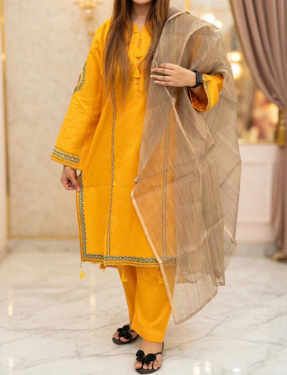 Embroidered Lawn Stitched Suit - Yellow 026