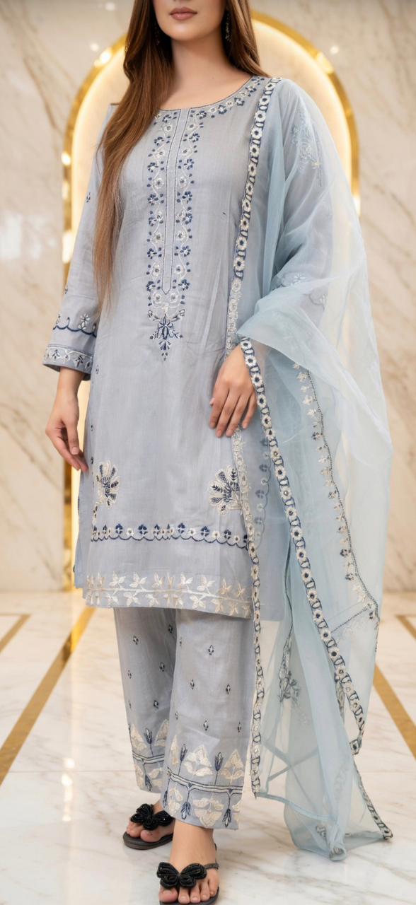 Embroidered Lawn Stitched Suit - Blue 028