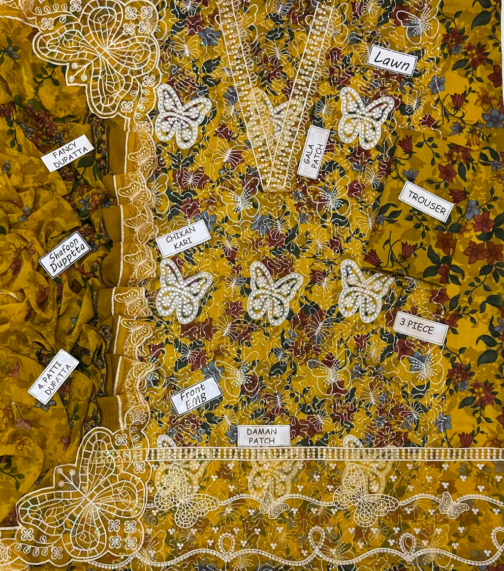 3 PIECE - EMBROIDERED LAWN SUIT BUTTERFLY ARTICLE