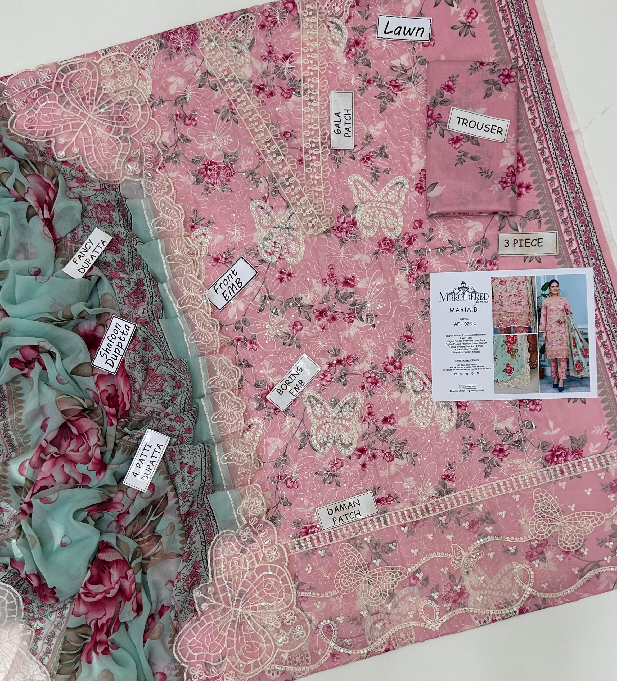 3 PIECE - EMBROIDERED LAWN SUIT BUTTERFLY ARTICLE