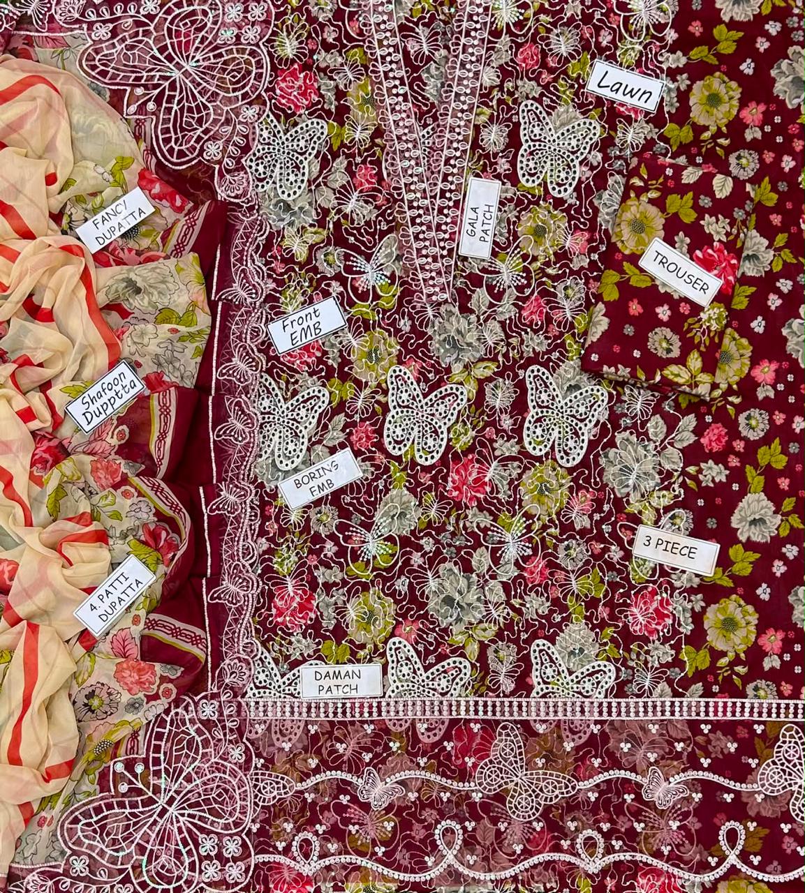 3 PIECE - EMBROIDERED LAWN SUIT BUTTERFLY ARTICLE Unstitched 01