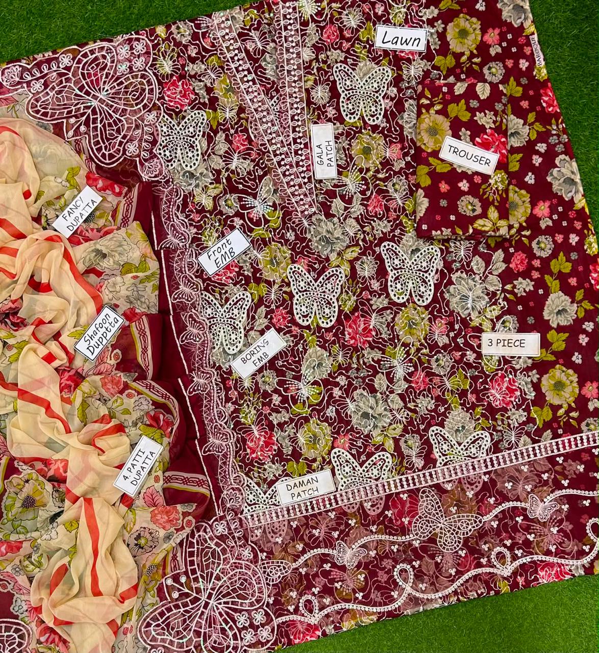 3 PIECE - EMBROIDERED LAWN SUIT BUTTERFLY ARTICLE Unstitched 01