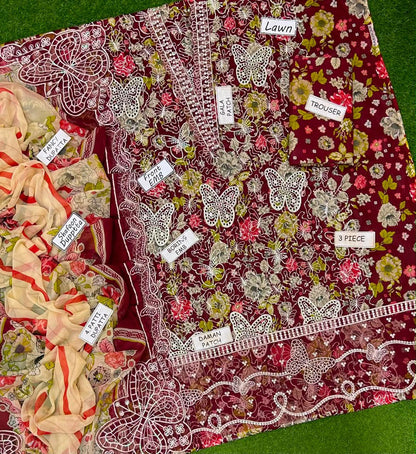 3 PIECE - EMBROIDERED LAWN SUIT BUTTERFLY ARTICLE Unstitched 01