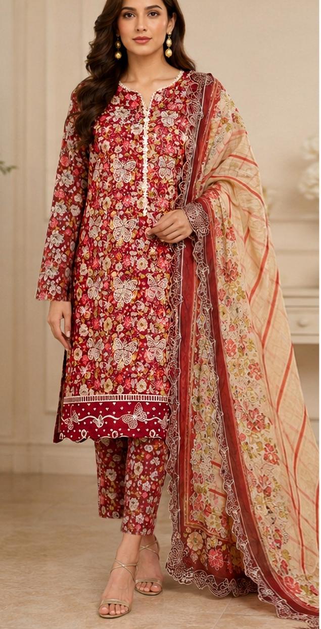 3 PIECE - EMBROIDERED LAWN SUIT BUTTERFLY ARTICLE Unstitched 01