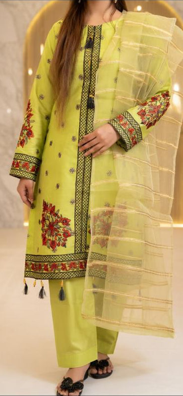 Embroidered Lawn Stitched Suit - Chartreuse 027