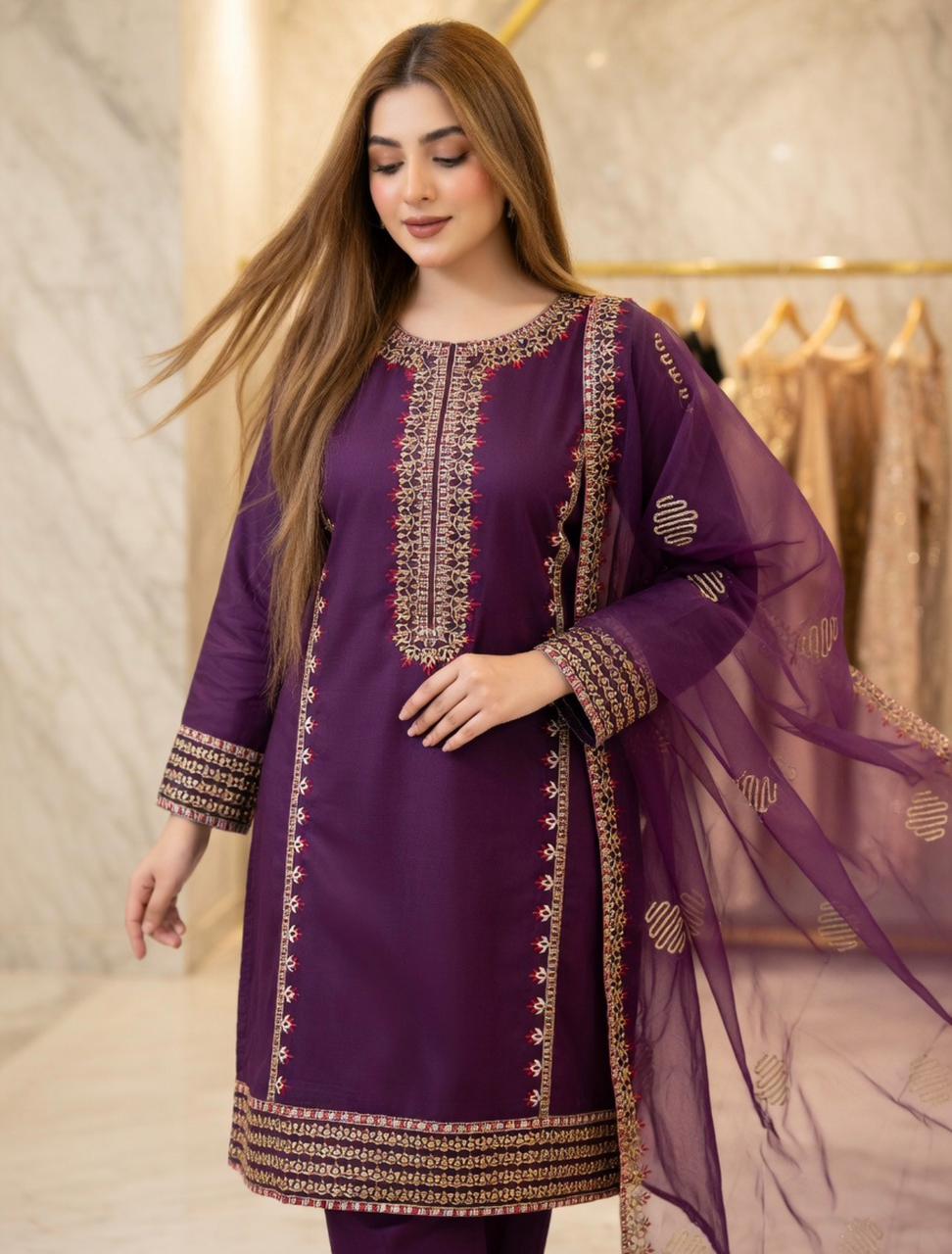 Embroidered Lawn Stitched Suit - Purple 025