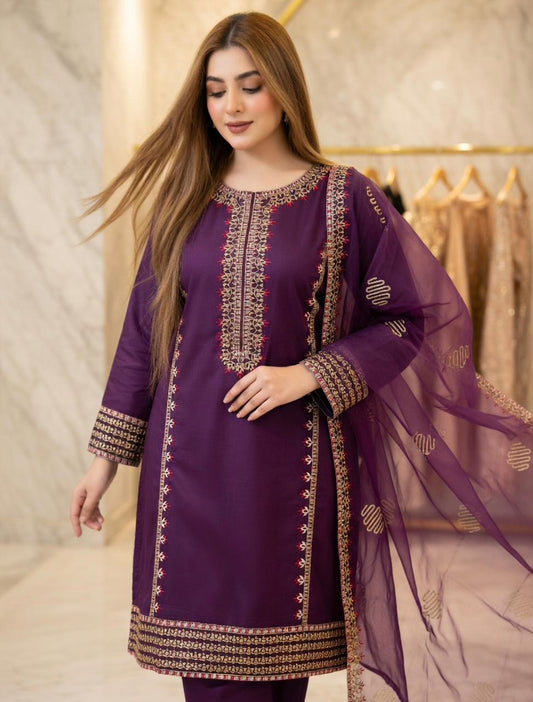 Embroidered Lawn Stitched Suit - Purple 025